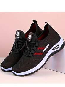 Women's Fashion Breathable Lace-Up Sports Running Shoes, Dual-Color Soles, Easy On/Off, Outdoor Workout & Running - Black - View 2