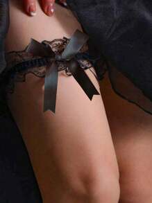 Set da 2 pezzi Reggicalze in pizzo sexy con fiocco, colore nero e rosso, anello elastico per coscia per feste, costumi di Ognissanti e San Valentino