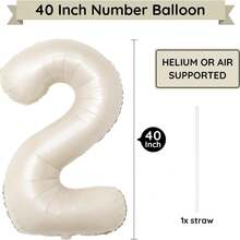 1pc 40" Cream White Foil Number Balloon, Helium Inflated, For Birthday Party, Anniversary Celebration, Numbers 0/1/2/3/4/5/6/7/8/9 - Beige - View 2