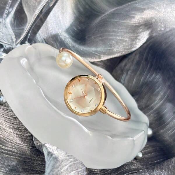 1 pièce Montre-bracelet fine et délicate pour femme avec 1 grande perle, cadran en verre taillé en diamant, montre à quartz minimaliste