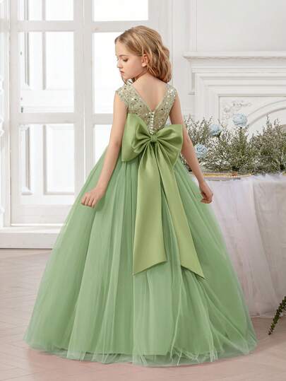 Vestido elegante verde menta con moño para niña preadolescente, vestido de niña de las flores elegante para adolescentes, adecuado para bodas, fiestas, cumpleaños, bailes de graduación y otras ocasiones formales