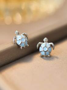 2pcs Copper Blue Oil Drop Sea Turtle Cute Fashionable Stud Earrings For Women