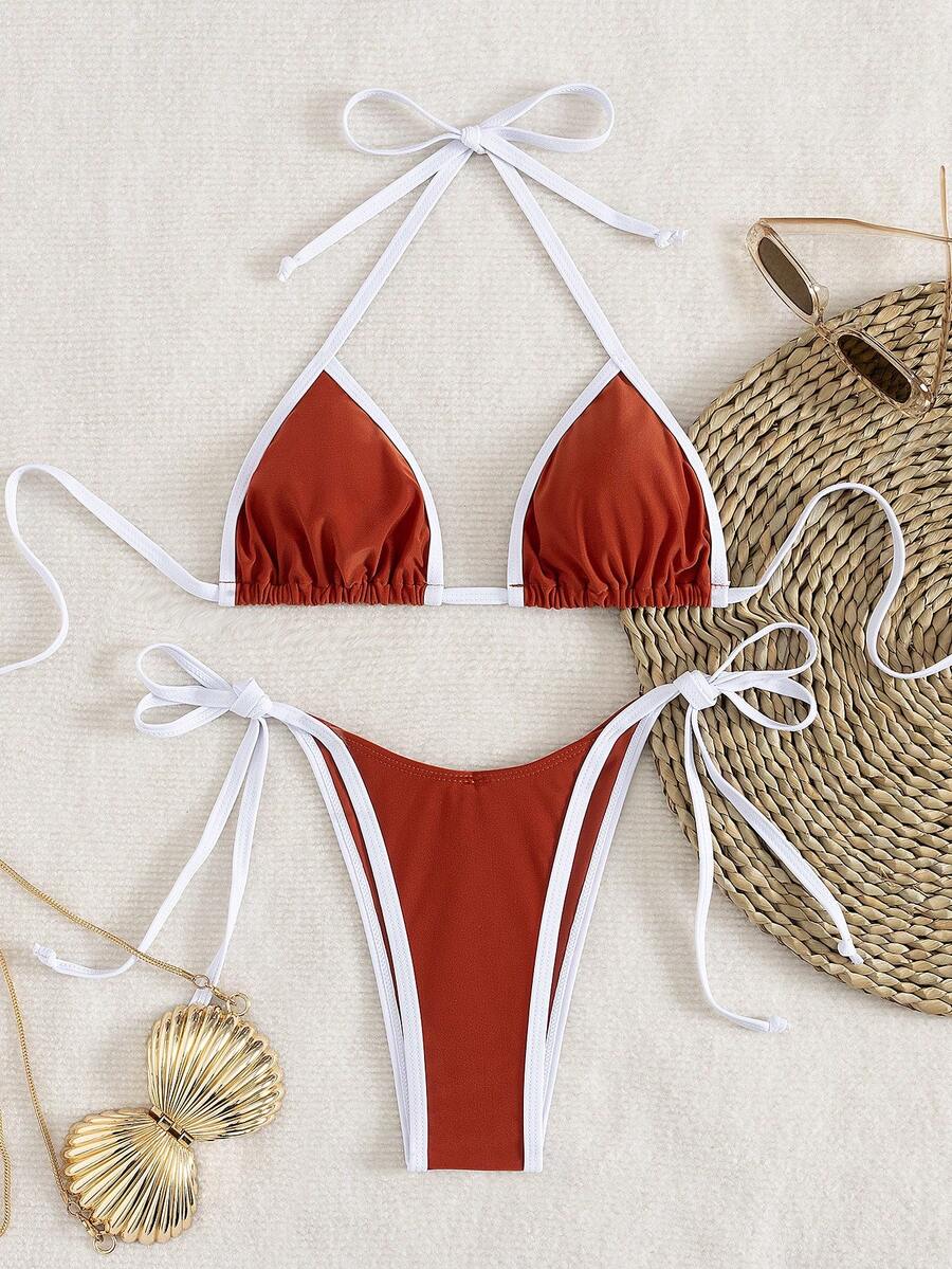 Women's Contrast Color Sexy Halter Tie Bikini Beach Holiday Swimwear Set - Rust Brown - View 1