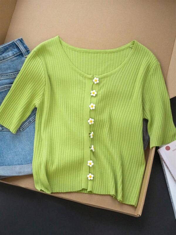 Floral Button Short Sleeve Cardigan Sweater For Women, Avocado Green Round Neck Fitted Elegant Blouse For Summer