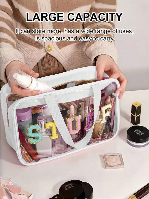Multiple Colors Minimalist Letter "STUFF" Cosmetic Bag, Waterproof Large Capacity Storage Bag, Zipper Cosmetic Storage Bag, Transparent Toiletries Storage Bag, Portable Snack Bag, Christmas Gift Storage Bag, Black Toiletries Bag Travel Toiletries Bag Bathroom Beach Bag Vacation Travel Essential School Supplies Travel Necessities Women's Dormitory, Women's Birthday Gift Gift