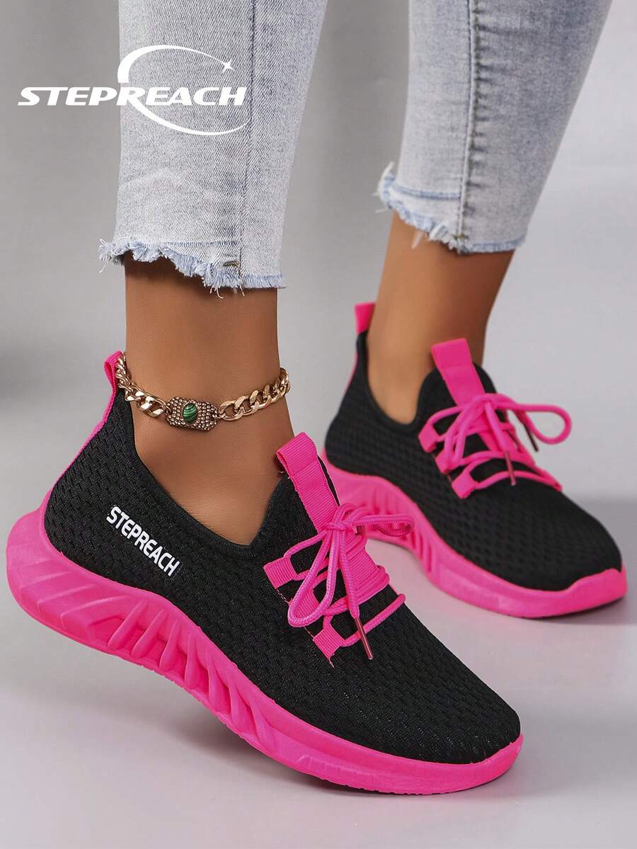 STEPREACH 秋冬女士休闲运动网鞋，透气舒适轻便系带纯色粉色亮色防滑耐磨运动鞋