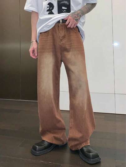 Jeans casual uomo a gamba dritta vintage con strappi, di colore verde oliva, ampia gamba, pantaloni adatti come regalo per il marito o il fidanzato