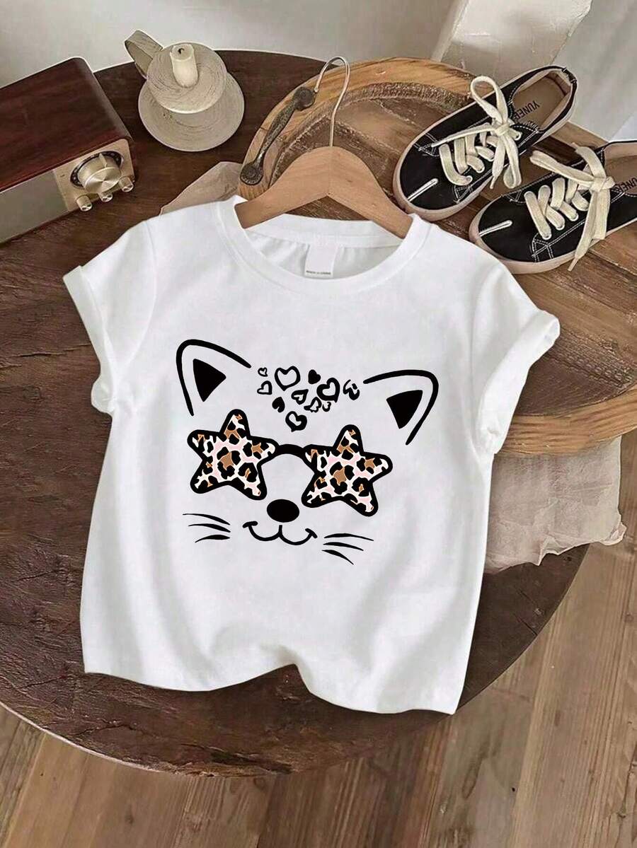 Young Girl's Leopard Pattern Cat Print Round Neck Short Sleeve Tee Spring And Summer Casual T Shirt For Kids - White - View 1