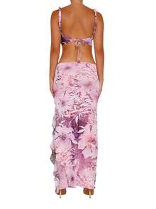 Women Two Piece Bodycon Skirts Set Sleeveless V Neck Open Back Tie Floral Cami Top Vest + High Split Ruffled Long Skirt Outfit - Pink - View 4