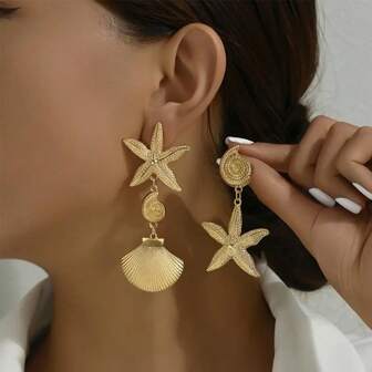 Retro Exaggerated Metal Shell & Starfish Tassel Dangle Earrings For Women