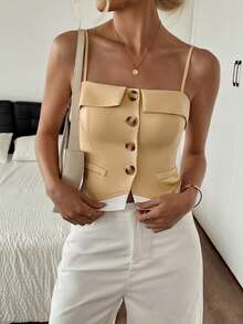 2025 Summer Fashion Color Block Hem Casual Front Button Blazer Top Women - Khaki - View 5