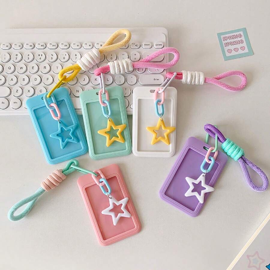1 set Étui à glissière de la série Macaron Étoile avec porte-clés étoile coloré - Plastique idéal pour les cartes scolaires, les cartes postales et les pendentifs de sac pour femmes. Porte-monnaie, porte-clés, mini-portefeuille, porte-monnaie, porte-poignet