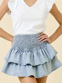 Women's Tiered Ruffled Denim Skirt Solid Color High Rise Mini A Line Jean Skirt Streetwear - 淺藍色 - 查看 2