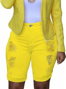 Casual Distressed Cuffed Slim Fit Denim Shorts, Spring/Summer - Yellow - View 4