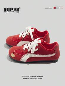 BEIER 1 双撞色学院风仿皮系带休闲平底鞋，适合女士，春秋户外，女士运动鞋 - 紅色 - 查看 5