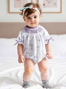 Baby Girls Rompers Letter Embroidery Bow Print Round Neck Short Sleeve Infant Bodysuits Jumpsuits - Purple - View 3