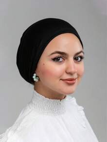 1pc Simple Solid Color Soft & Comfortable Headscarf, Headwrap, Turban Style Cap, Women Chemo Hat, Suitable For Daily Life And Outdoor Sports For Dress - Black - View 2