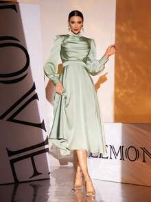 Green Long Sleeve Stand Collar Polyester Maxi Evening Dress - Green - View 3