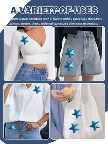 6pcs Sky Blue Sequin Five-Pointed Star Pattern Cloth Patches, Cartoon Style Embroidery Sewing Applique Stickers, DIY Craft, Suitable For Clothing, Shoes, Hats, Bags, Etc. - Sky Blue - View 6