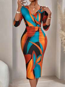 AIJ Amarilo Women's Fashionable Wave Prints Crisscross Wrap Three-Quarter Sleeves V-Neck Ruched Bodycon Dress(Random Print)