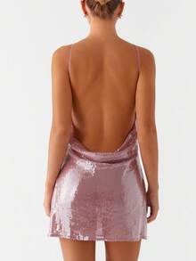 Women's Sequin Sparkly Glitter Dress Sleeveless Backless Spaghetti Strap Mini Dress Y2K Party Club Bodycon Mini Dress - Bụi hồng - Xem 3