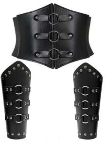 3PCS Medieval Wrist Strap Belt Set Viking Warrior Pirate Armor Artificial Leather Set Role-Playing Accessories Halloween - A - View 3