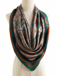 1条时尚方形真丝围巾，新款设计，90*90厘米，奢华围巾，花卉印花头巾披肩颈巾，女士适用，35.4英寸，适合连衣裙搭配。 - A - 查看 2