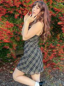 1pc Women's Checkered Houndstooth Pattern Casual Cute Chest Pleated Knotted French Style New Spring Sweet Fresh Plaid Spaghetti Strap Sexy Lace Mesh Patchwork A-Line Dress