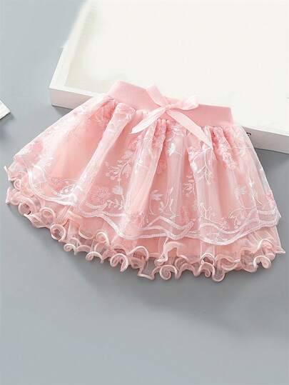 Three-Layer Princess Tutu Skirts Girls Embroidered Bow Front Tulle Ballet Dance Performance Party Skirt Young Girl Clothes