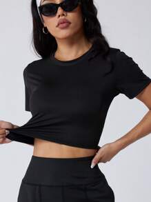 1pc Women Classic Black Round Neck Short T-Shirt - Knit Fabric, 220g/M², 86% Polyester 14% Spandex, Medium Stretchiness, Comfortable, Essential For Workout, Yoga, Casual Outing, Suitable For All Seasons