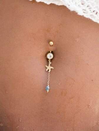 1 pieza Anillo de ombligo con borla de cristal con forma de estrella de mar, joyería de ombligo para mujer en resort de playa