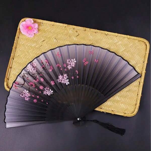 1 Piece Stylish Lightweight Handheld Fan Bamboo Folding Hand Fan With Botanical Theme - Elegantly Crafted Wooden Fan With Tassel, Classic Retro Design, Suitable For Graduation Gift, Home Decoration, Bamboo Art Ornament, Dance Stage Performance - Creative Anime Themes And Gifts