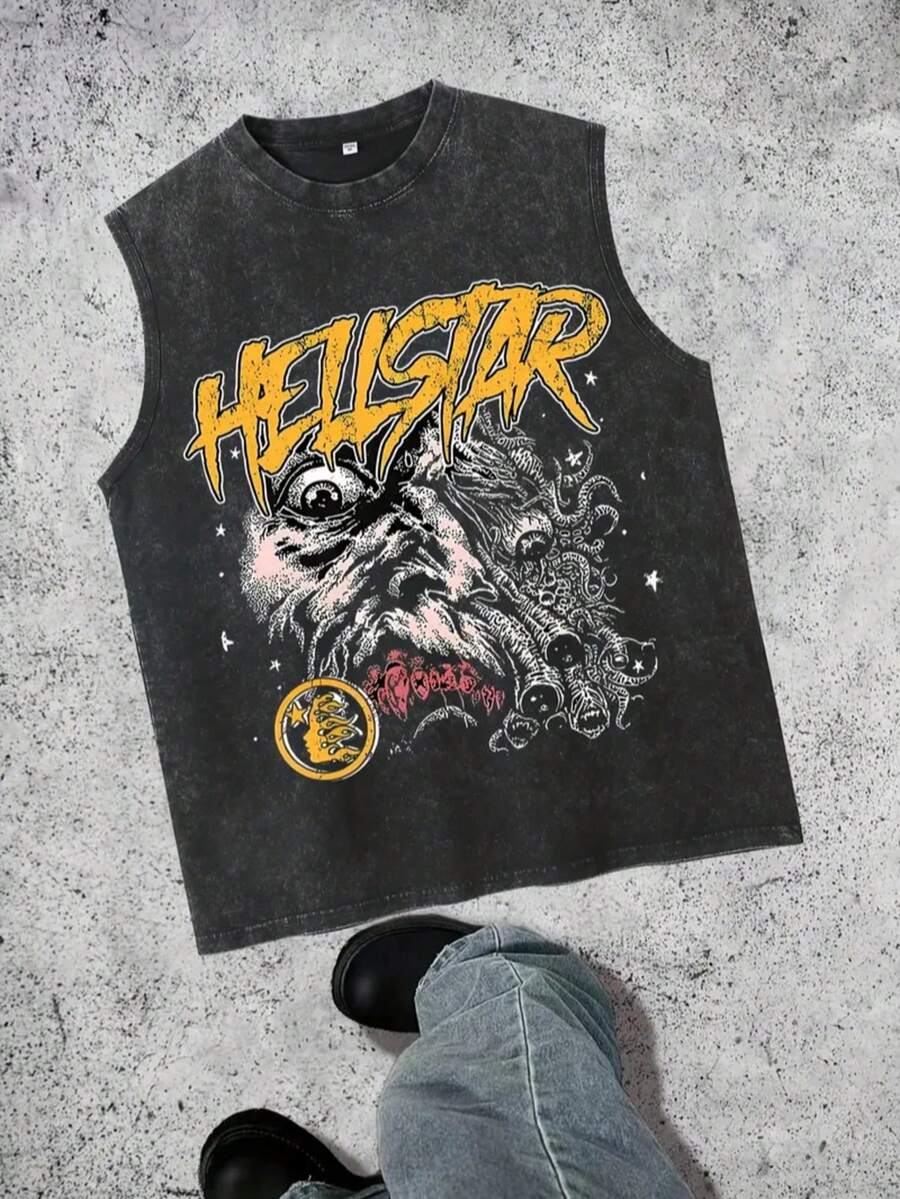 Men's Pure Cotton Vest - Retro Washed Street Style Sleeveless Shirt, Loose Fit Summer Casual Wear, With Bold Print Design, 100% Cotton, Gray, Summer Vest - 黑色 - 查看 1