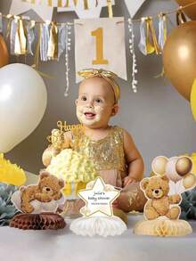 9件套 - 婴儿派对泰迪熊蜂窝中心装饰品，适合性别揭晓派对，奶油色蜂窝中心装饰品，餐桌装饰，儿童生日派对礼物，婴儿派对小礼物（棕色） - 棕色 - 查看 4