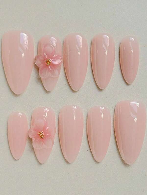 10 Stück Aufklebe-Nägel in Mandelform, neue süße 3D Blumen Aufklebe-Nägel Design mit Klebestreifen, Nagelfeile Set, Nagelbedarf