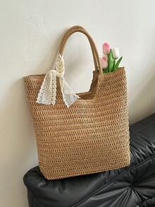 1pc Large Capacity Woven Straw Beach Handbag, Solid Color Summer Holiday Ladies Tote Bag - Khaki - View 8