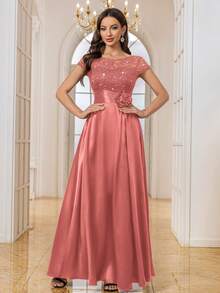 MIUSOL Sequin Floral Lace Colorblock Satin Ruffle Hem Formal Party Maxi Dress - Dusty Pink - View 6