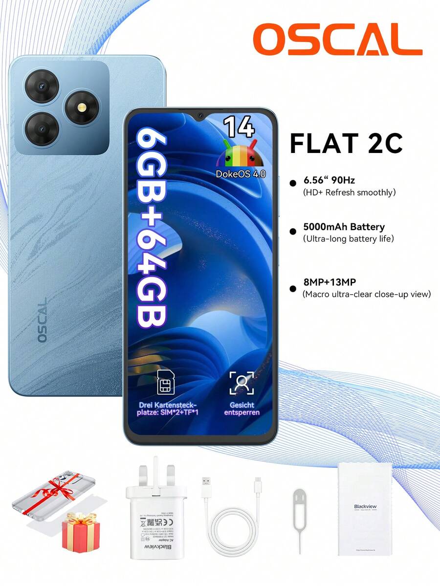 OSCAL FLAT 2C 手机 Android 14 手机 (2025)，6GB +64GB/2TB 八核，6.56 英寸显示屏廉价手机，5000mAh 电池，13MP 主摄像头，4G 双 SIM 免费解锁，FaceID，OTG，GPS，3 个插槽，适用于英国 - 英規插(220-240V) - 查看 1