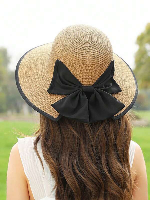 Chapeau de paille pour femmes, grand bord pliable avec nœud papillon, ouverture sur le dessus pour queue de cheval, style unique et chic, mode coréenne pour l'été