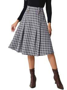 Women's High Waist Pleated A-Line Midi Skirt Vintage Plaid Skirts - Black - View 1