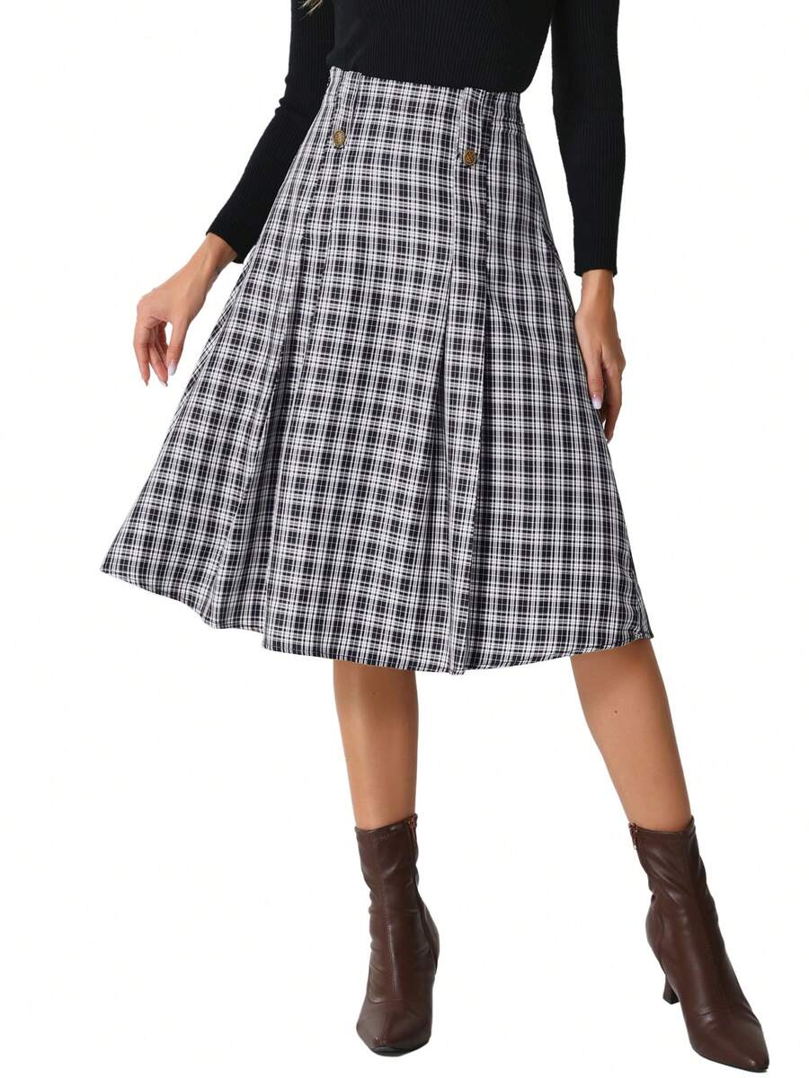 Women's High Waist Pleated A-Line Midi Skirt Vintage Plaid Skirts - Black - View 1