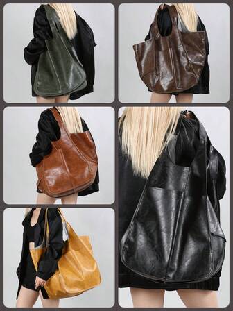 Large Capacity Tote Bag, Retro Style Faux Leather Handbag With Front Pocket For Work & Travel, New Arrival Tote Bags For Woman