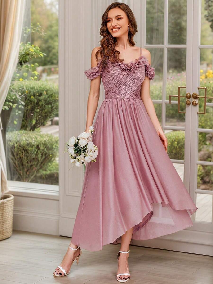 EVERPRETTY 秋季花朵露肩淡粉色伴娘礼服，露背设计，闪亮优雅礼服，婚礼宾客礼服