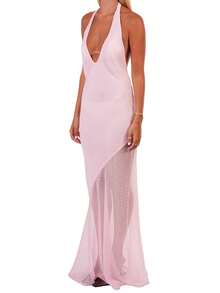 Summer Dresses For Women 2025 Halter Maxi Dress With Scarf Mini Dot Print Backless Bodycon Long Dress Slim Fit Going Out Dresses Wedding Guest Dresses Elegant Cocktail Party Dress Club Streetwear Beach Vacation Aesthetic Clothes Outfit - Hồng - Xem 6