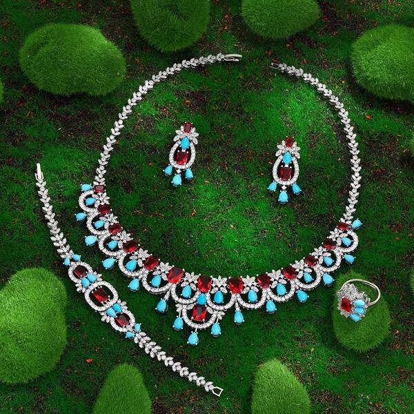 Elegant Women's Wedding Jewelry Set Color Cubic Zirconia Turquoise Jewelry Necklace Sets For Bride Bridal Jewellery