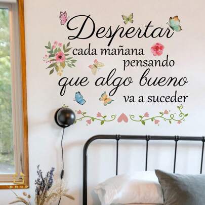 1pc Spanish Inspirational Quote Wall Decal - PVC Self-Adhesive Sticker - Suitable For Bedroom, Flower House, Office, Living Room, Laundry Room, Home Decor & Gift & Butterfly Floral Design Room Decor Stickers Wall Decor Personalized Wall Stickers