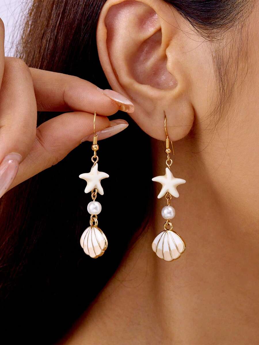 2pcs/Set Ocean Holiday Style Starfish & Faux Pearl Shell Design Long Drop Earring,Suitable For Daily Beach Wear, Women Gift - Yellow Gold - View 1