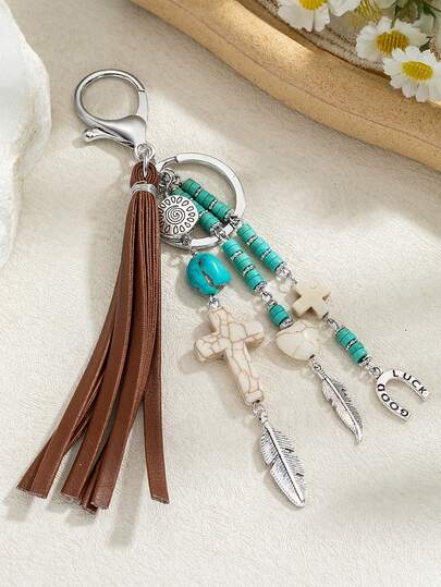 1pc Retro Western Cowboy Style Imitation Leather Keychain, Tassel Turquoise Cross Leaf Horseshoe Pendant Keychain,Turquoise Beaded Leather Tassel Keychain, Western Style Gift , Cross Key Keychain, Tassel Decor, Cowgirl Hippie Western, Car Keychain Pendant, Cross Bag Charm, Gifts For Daily Wear, Men And Women, Car/Bag Accessories, Backpack, Souvenir, Gift