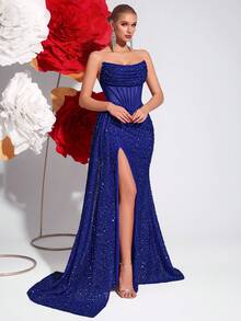 ADYCE Sequin Bandeau Hollow Out High Waist Long Tie Side Split Backless Party Evening Dress Sequin Tie Front Top - Xanh đậm - Xem 6