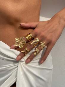 Set de 6 anillos de metal dorado vintage punk con elementos multicomponentes, decorados con elementos marinos como conchas, estrellas de mar y perlas falsas, se pueden usar solos o combinados, adecuados para atuendos diarios y de fiesta de la mujer, decoración de resort de playa, set de joyas de moda de verano